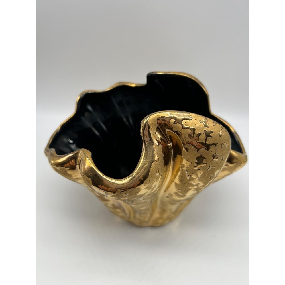 Vintage UPCO 30 Ceramic Vase Gold Textured Black Inside Wave Edge Design MCM
